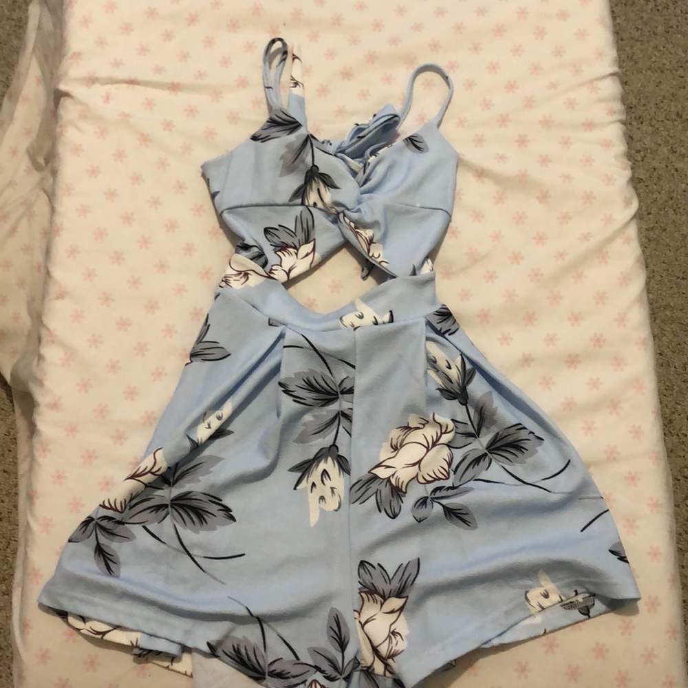 Baby blue flowery romper dress